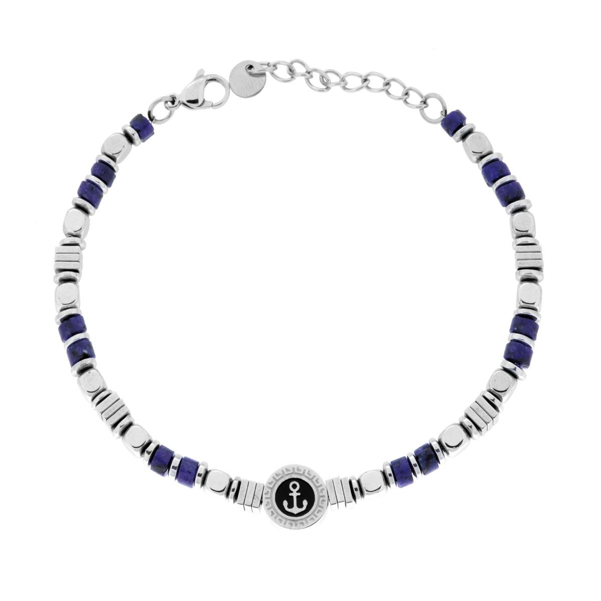 Bracciale Catena con Cubetti alternati a Pietre Cilindriche colore Blu Lapislazzuli e Tondo con Ancora centrale in ACCIAIO
