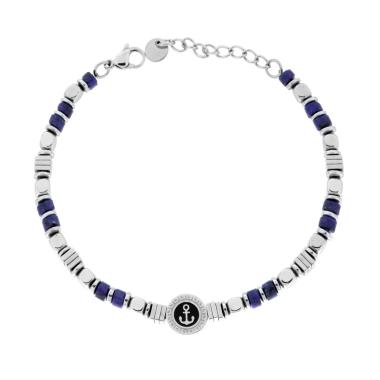 Bracciale Catena con Cubetti alternati a Pietre Cilindriche colore Blu Lapislazzuli e Tondo con Ancora centrale in ACCIAIO