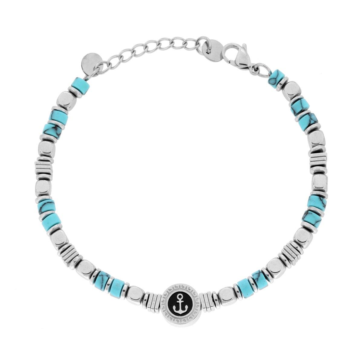 Bracciale Catena con Cubetti alternati a Pietre Cilindriche colore Turchese e Tondo con Ancora centrale in ACCIAIO