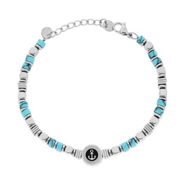 Bracciale Catena con Cubetti alternati a Pietre Cilindriche colore Turchese e Tondo con Ancora centrale in ACCIAIO