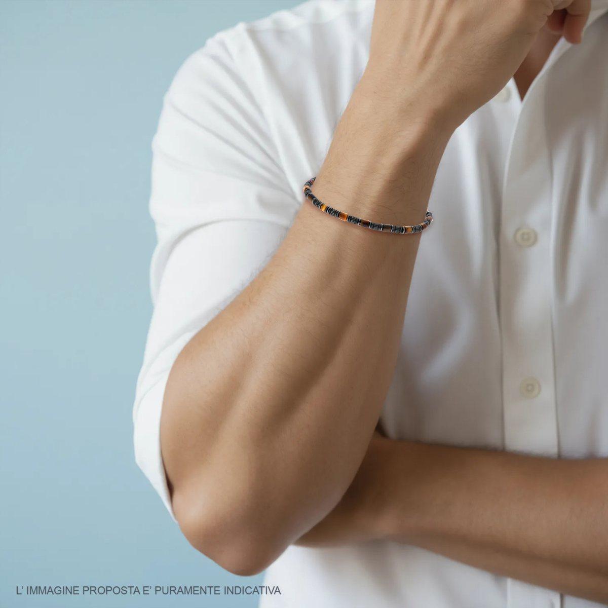Bracciale Catena con Cilindri Bruniti e Pietre Occhio di Tigre in ACCIAIO