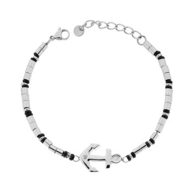Bracciale Catena con Cilindri alternati ad Anelli Neri e Ancora centrale in ACCIAIO