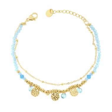 Bracciale due fili Catena con Palline Crystal Azzurro e Tondi Martellati in ACCIAIO colore Oro