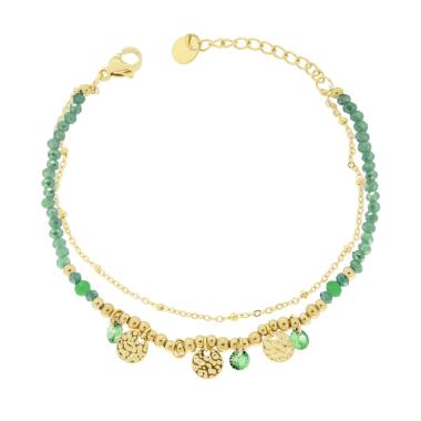 Bracciale due fili Catena con Palline Crystal Verde e Tondi Martellati in ACCIAIO colore Oro