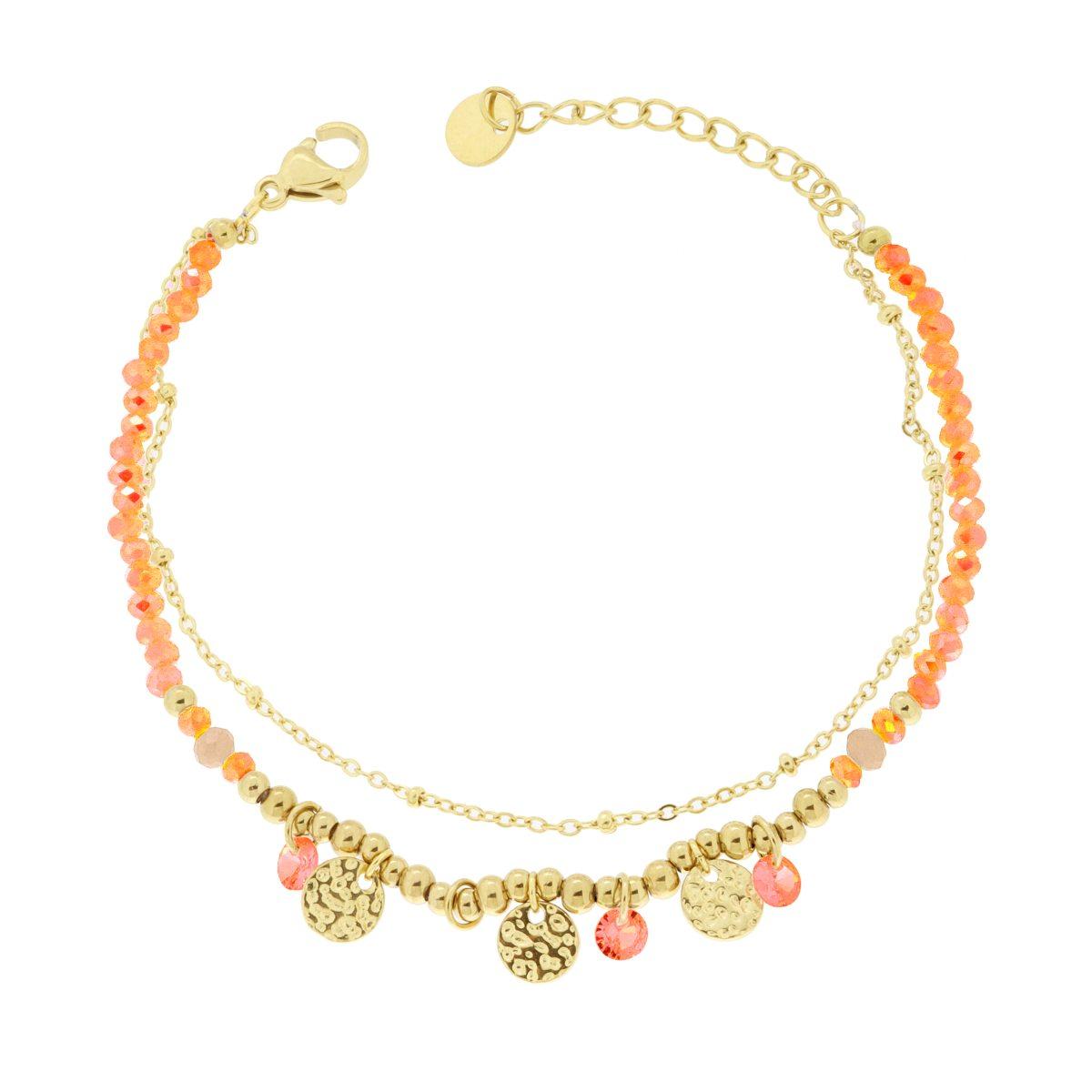 Bracciale due fili Catena con Palline Crystal Arancione e Tondi Martellati in ACCIAIO colore Oro