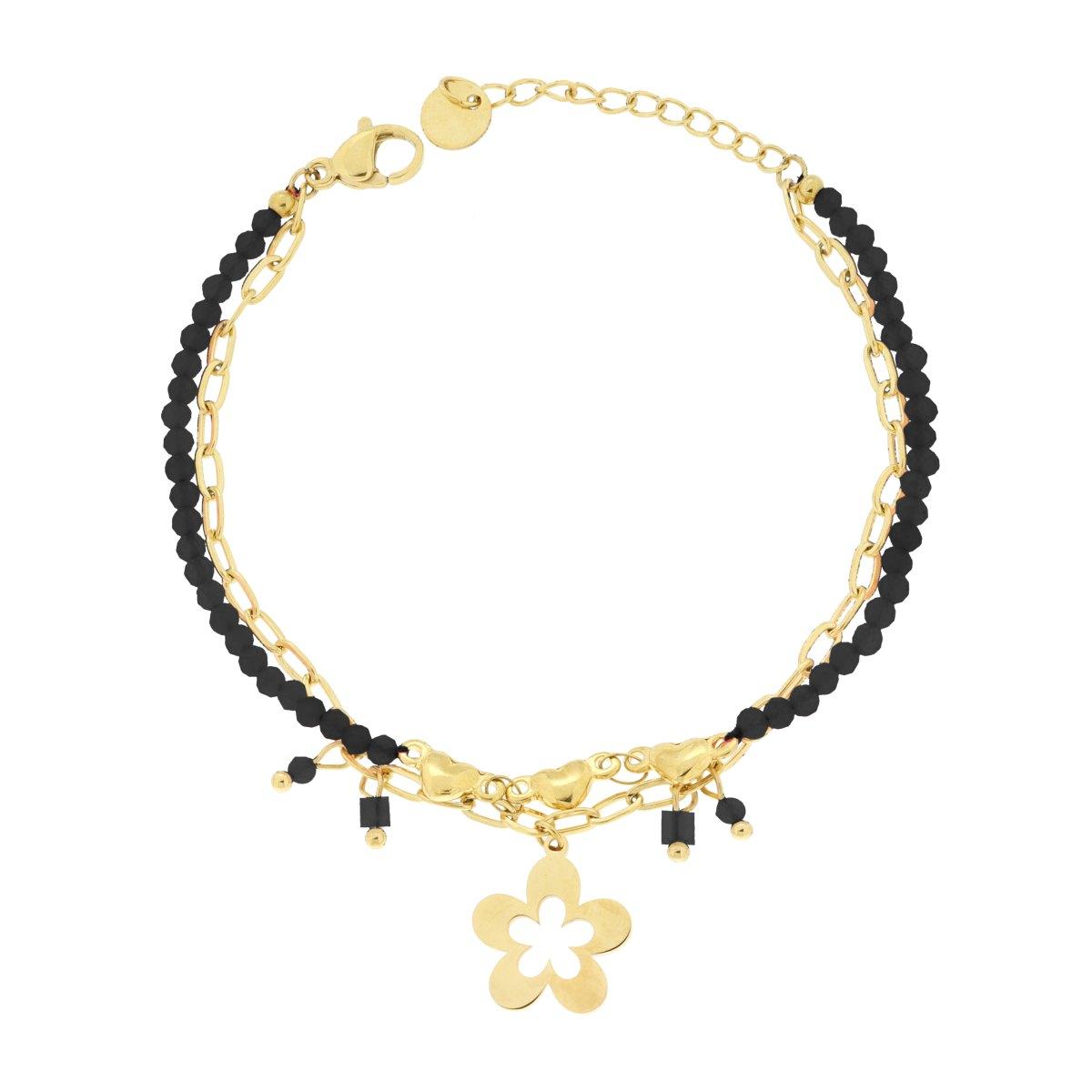 Bracciale due fili Catena con Cuori Crystal Neri e Fiore Pendente in ACCIAIO colore Oro