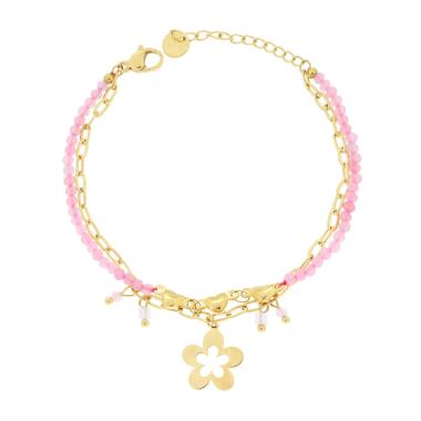 Bracciale due fili Catena con Cuori Crystal Rosa e Fiore Pendente in ACCIAIO colore Oro