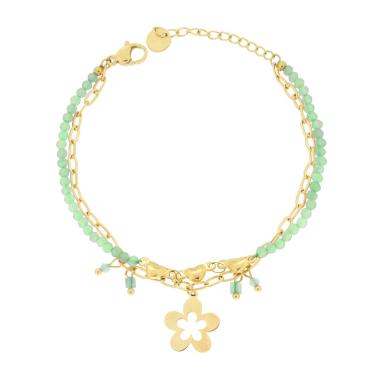 Bracciale due fili Catena con Cuori Crystal Verdi e Fiore Pendente in ACCIAIO colore Oro