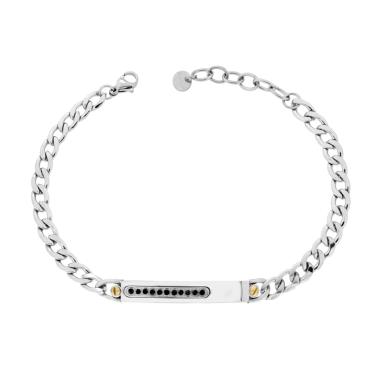 Bracciale Catena Grumetta Diamantata con Targa e Crystal Nero in ACCIAIO