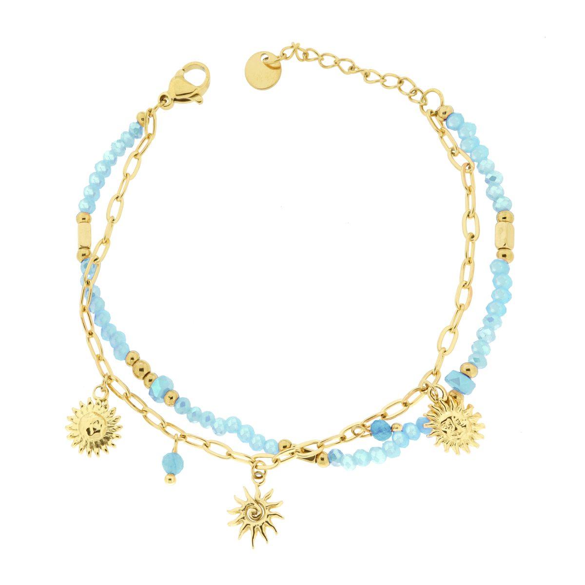 Bracciale due fili Catena con Palline Crystal Azzurro e Sole Pendenti in ACCIAIO colore Oro