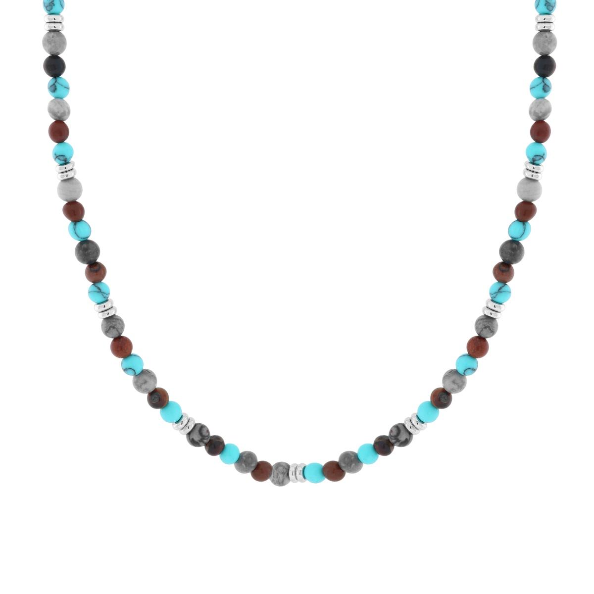 Collana Catena con Palline Pietra Turchese e Occhio di Tigre in ACCIAIO