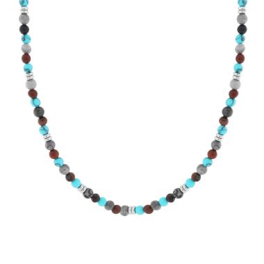 Collana Catena con Palline Pietra Turchese e Occhio di Tigre in ACCIAIO