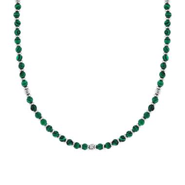Collana Catena con Palline Pietra Verde Malachite e Cilindretti Diamantati in ACCIAIO