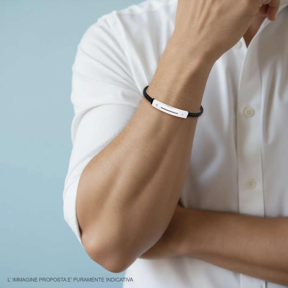 Bracciale Uomo in Ecopelle Intrecciata Nero con Targa in ACCIAIO