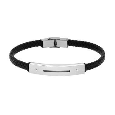Bracciale Uomo in Ecopelle Intrecciata Nero con Targa in ACCIAIO