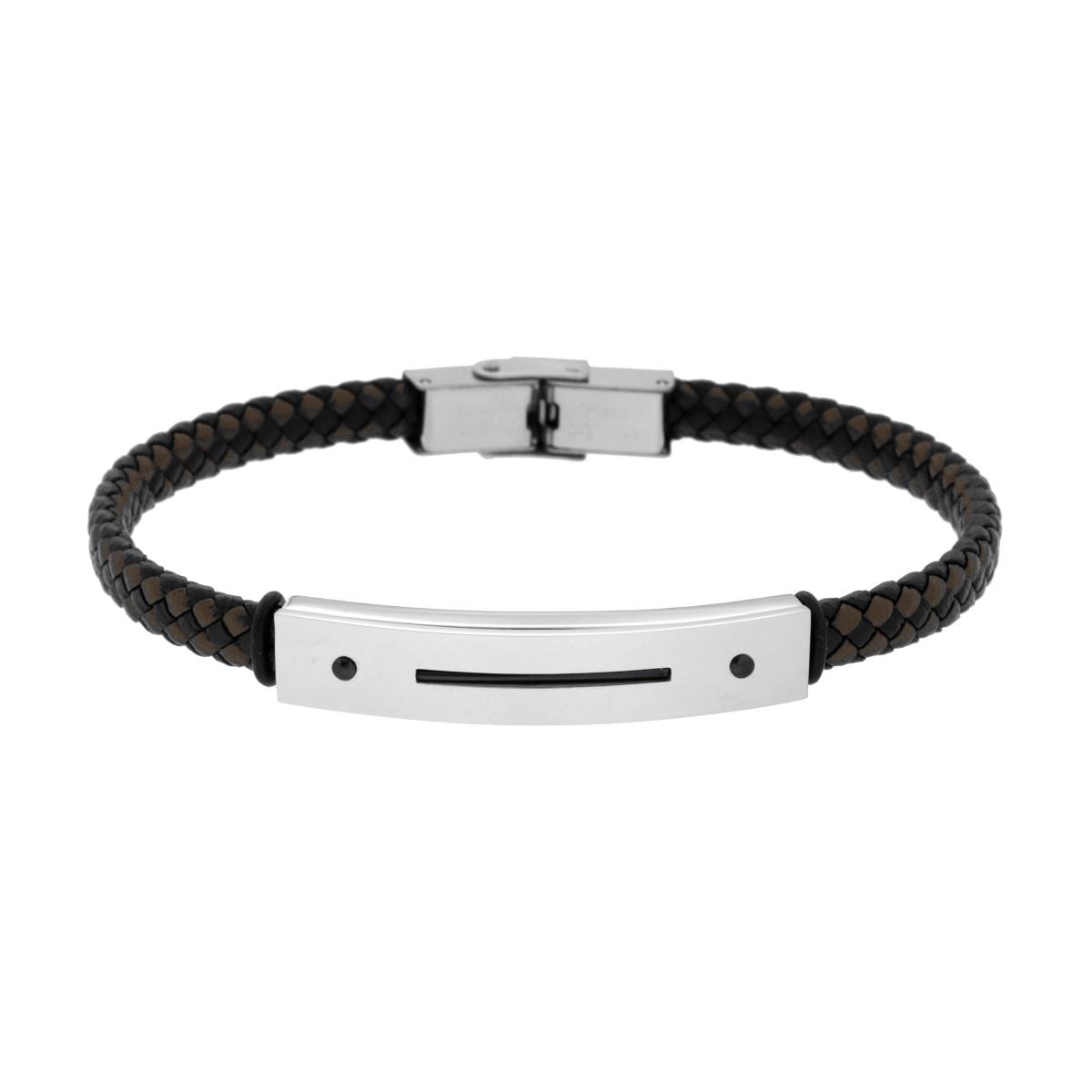 Bracciale Uomo in Ecopelle Intrecciata Nero e Marrone con Targa con dettaglio in Nero in ACCIAIO