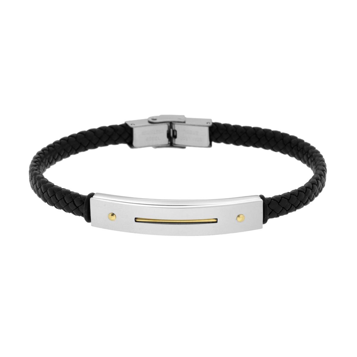 Bracciale Uomo in Ecopelle Intrecciata Nero con Targa con dettaglio in Oro in ACCIAIO