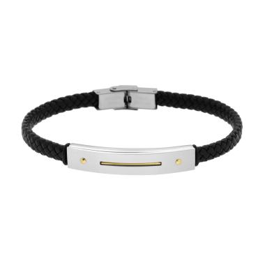 Bracciale Uomo in Ecopelle Intrecciata Nero con Targa con dettaglio in Oro in ACCIAIO