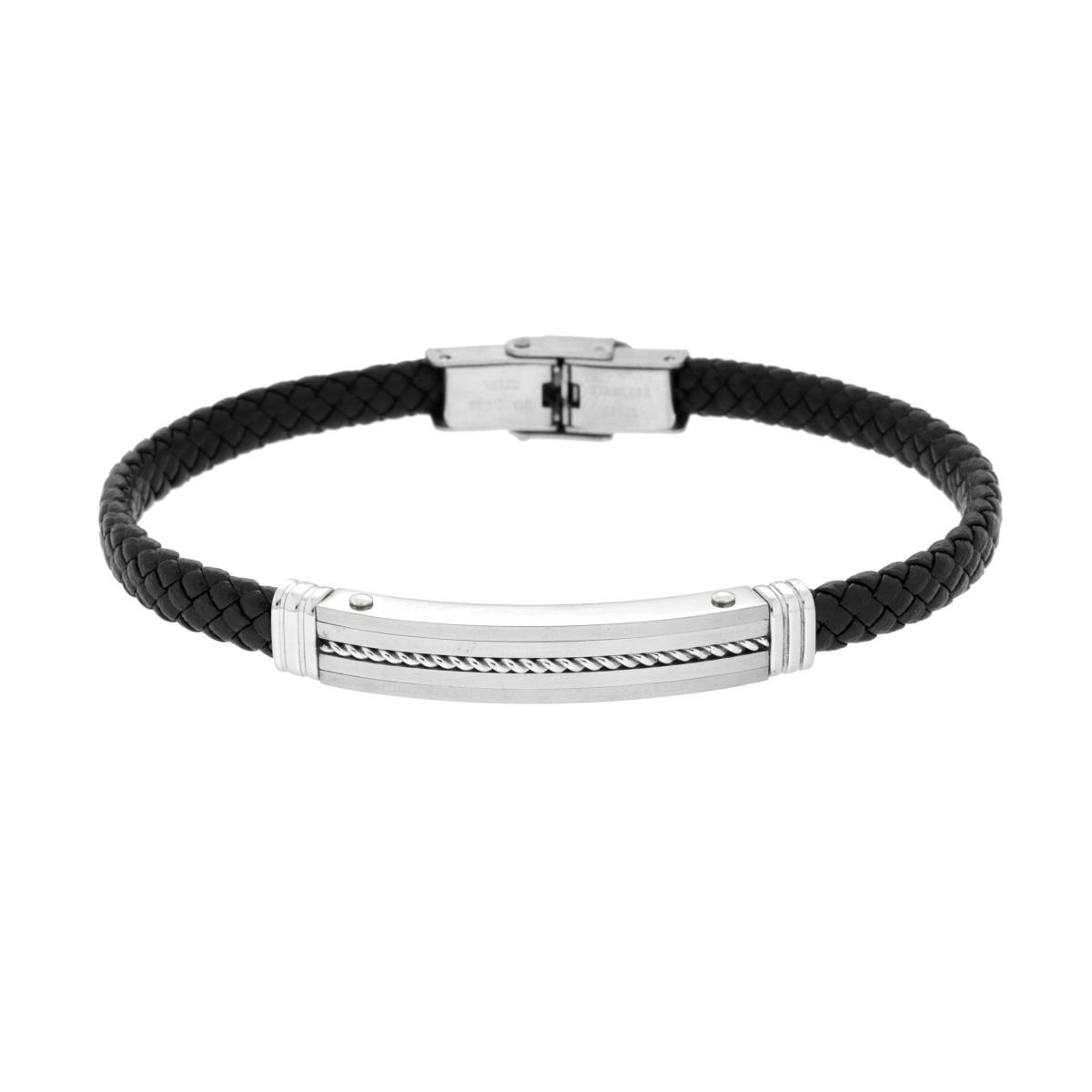 Bracciale Uomo in Ecopelle Intrecciata Nero con Targa con Corda in ACCIAIO