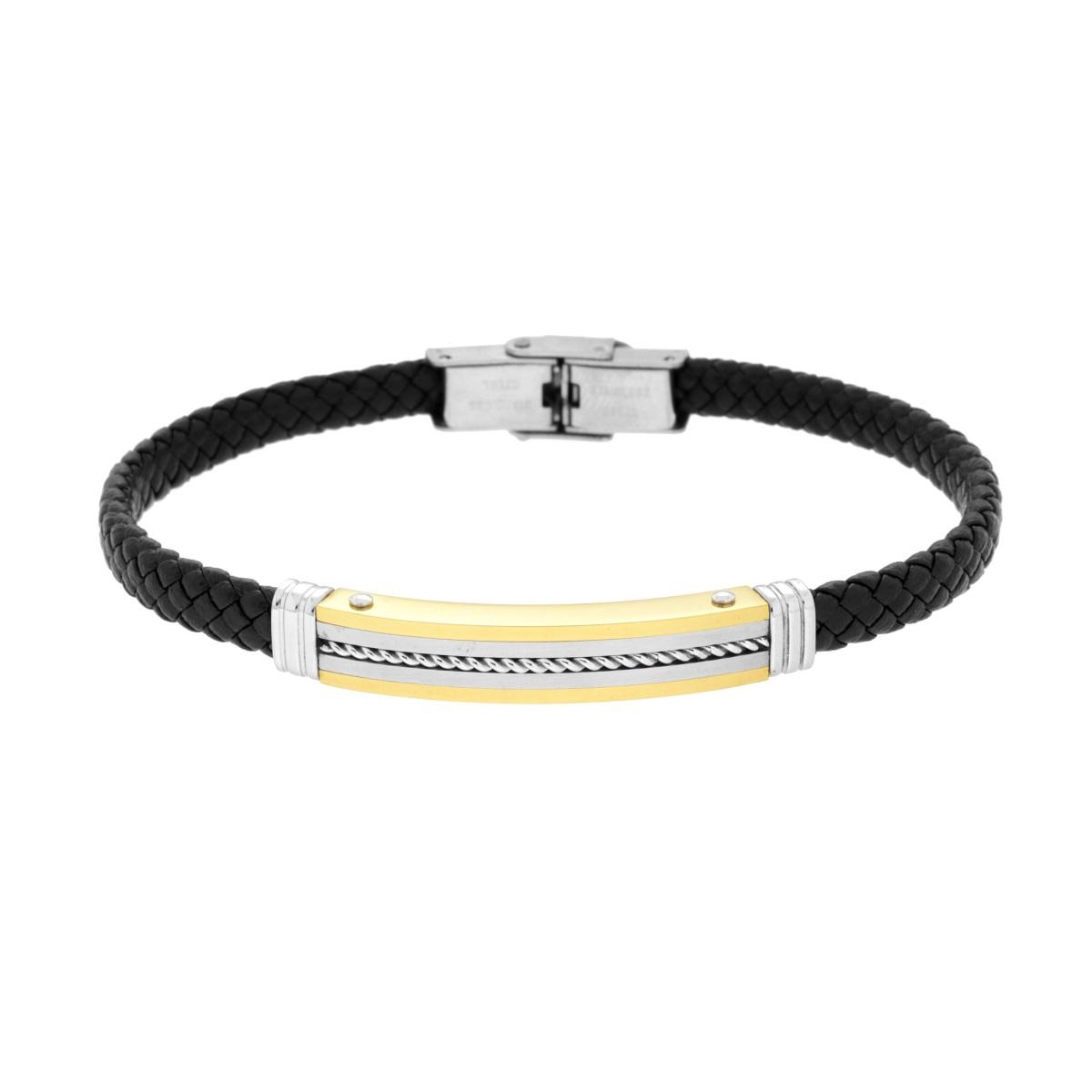Bracciale Uomo in Ecopelle Intrecciata Nero con Targa colore Oro con Corda in ACCIAIO