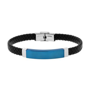 Bracciale Uomo in Ecopelle Intrecciata Nero con Targa colore Blu in ACCIAIO