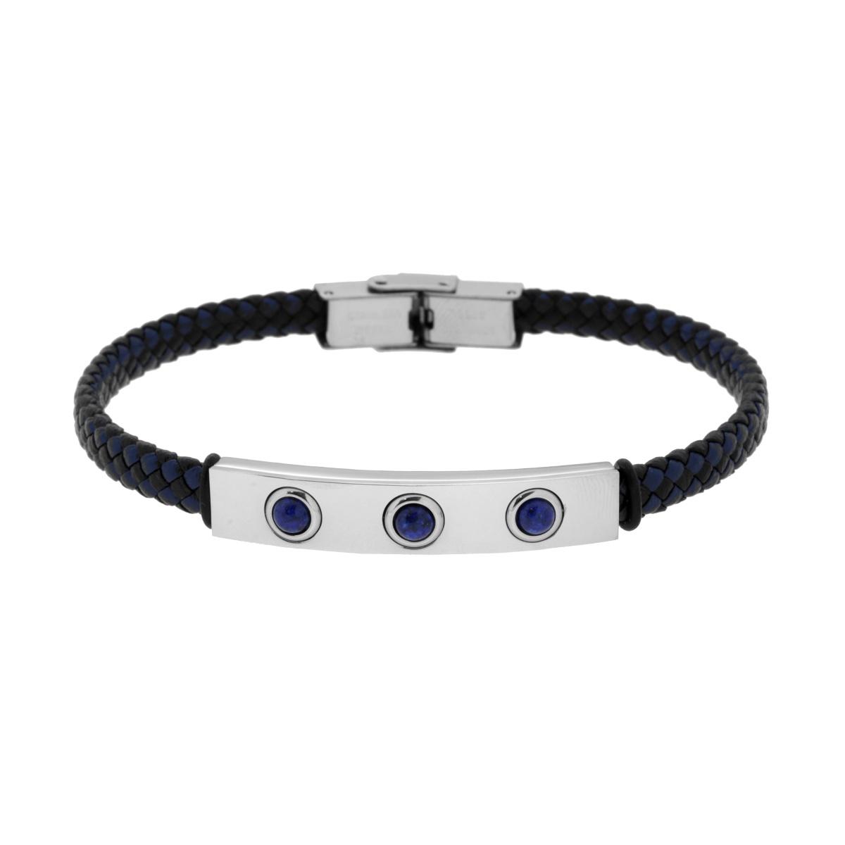 Bracciale Uomo in Ecopelle Intrecciata Nero e Blu con Targa con Pietre Blu Lapislazzuli in ACCIAIO