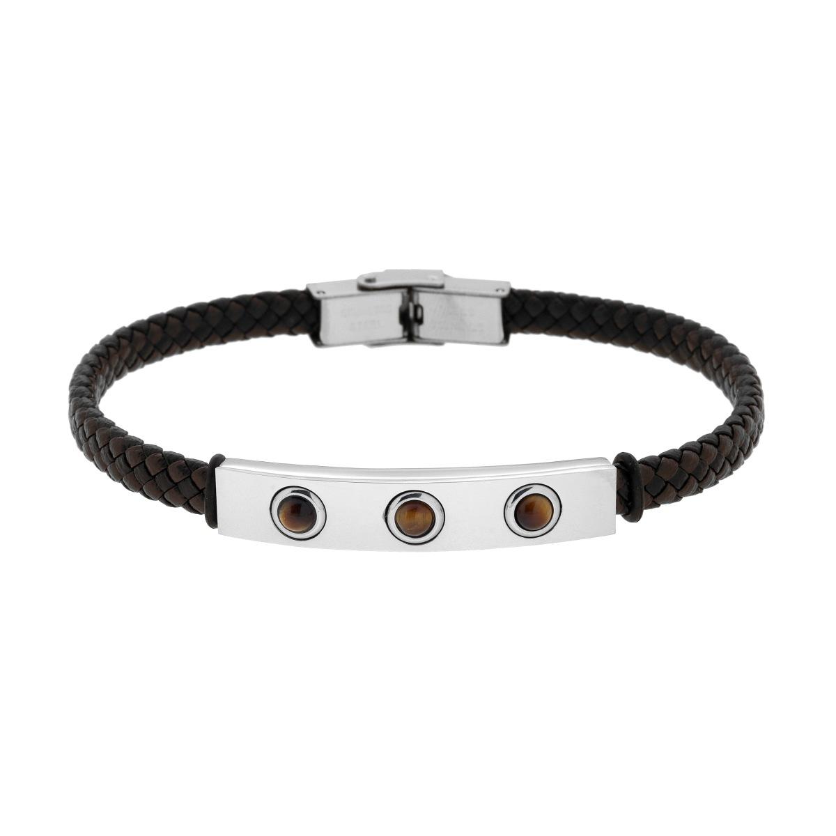 Bracciale Uomo in Ecopelle Intrecciata Nero e Marrone con Targa con Pietre Occhio di Tigre in ACCIAIO