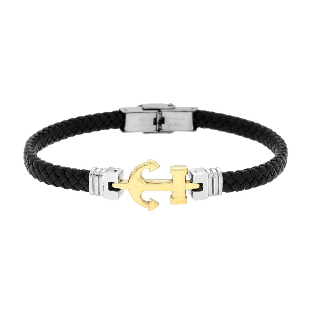 Bracciale Uomo in Ecopelle Intrecciata Nero con Ancora colore Oro in ACCIAIO