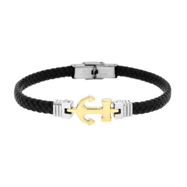 Bracciale Uomo in Ecopelle Intrecciata Nero con Ancora colore Oro in ACCIAIO