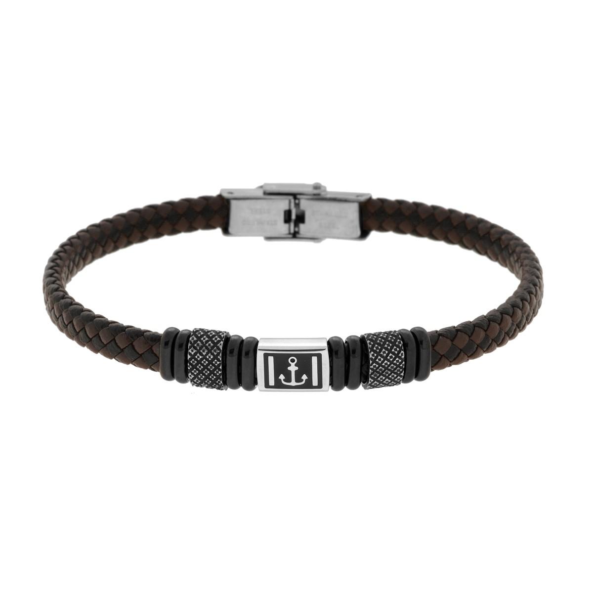 Bracciale Uomo in Ecopelle Intrecciata Nero e Marrone con Accessori colore Nero e Brunito e Soggetto Ancora in ACCIAIO