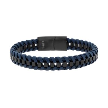 Bracciale Uomo in Ecopelle Intrecciata Blu su Catena Veneziana in ACCIAIO colore Nero