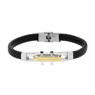 Bracciale Uomo in Ecopelle Intrecciata Nero con Targa e Proiettile colore Oro in ACCIAIO