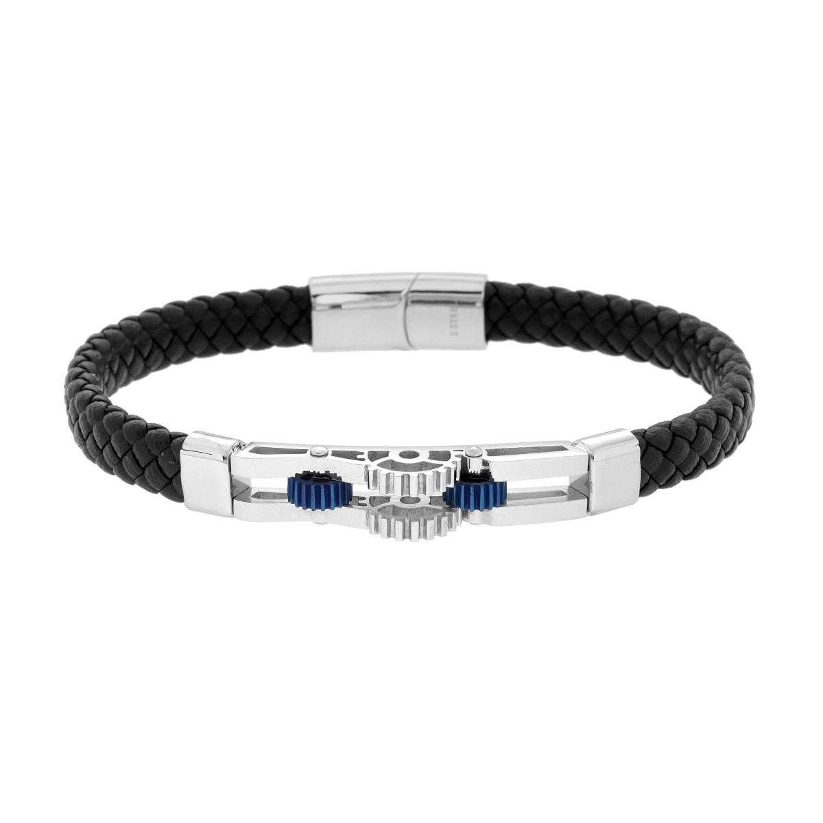 Bracciale Uomo in Ecopelle Intrecciata Nero con Targa con Ingranaggi Blu in ACCIAIO