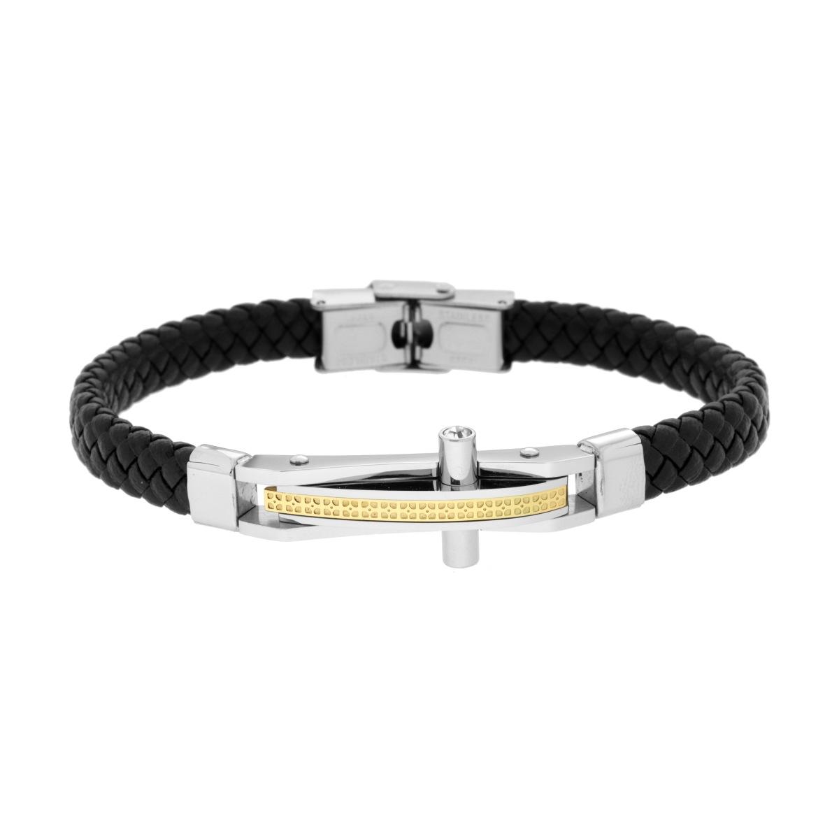 Bracciale Uomo in Ecopelle Intrecciata Nero con Targa Croce con dettaglio colore Oro e Crystal Bianchi in ACCIAIO