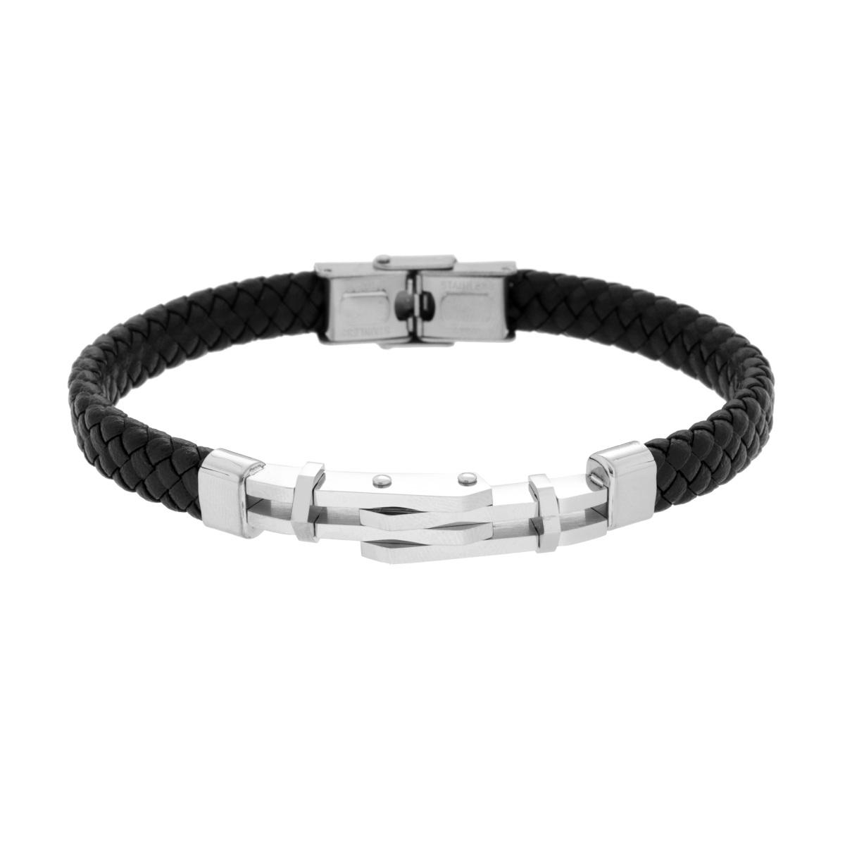 Bracciale Uomo in Ecopelle Intrecciata Nero con Targa con Ingranaggi in ACCIAIO