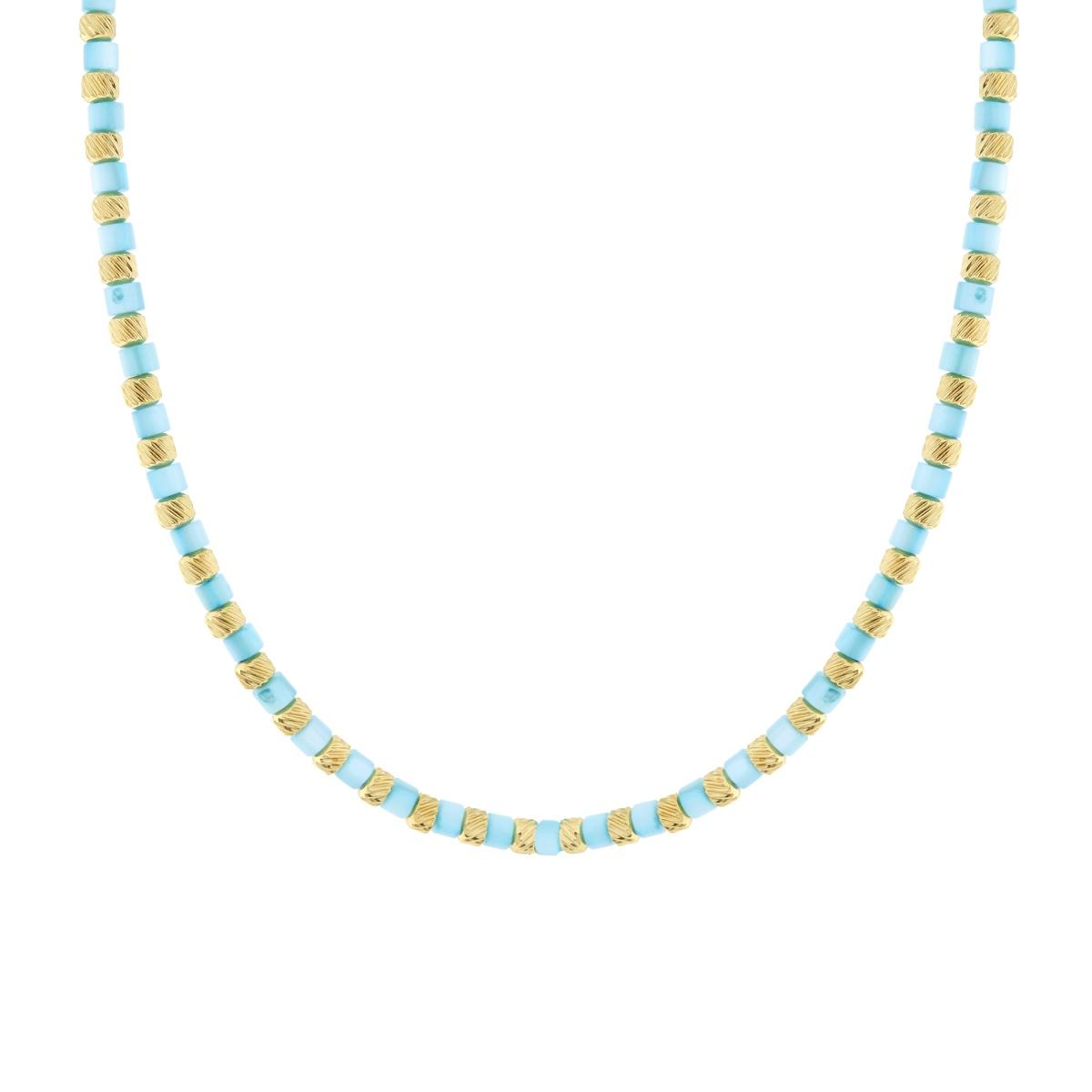 Collana Catena con Cilindretti Diamantati e Pietre colore Turchese Perlato in ACCIAIO colore Oro