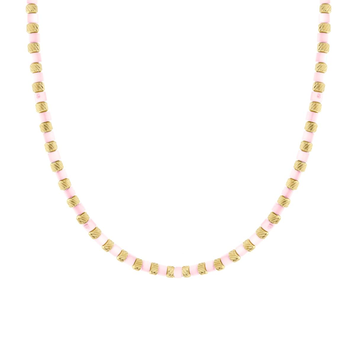 Collana Catena con Cilindretti Diamantati e Pietre colore Rosa Perlato in ACCIAIO colore Oro