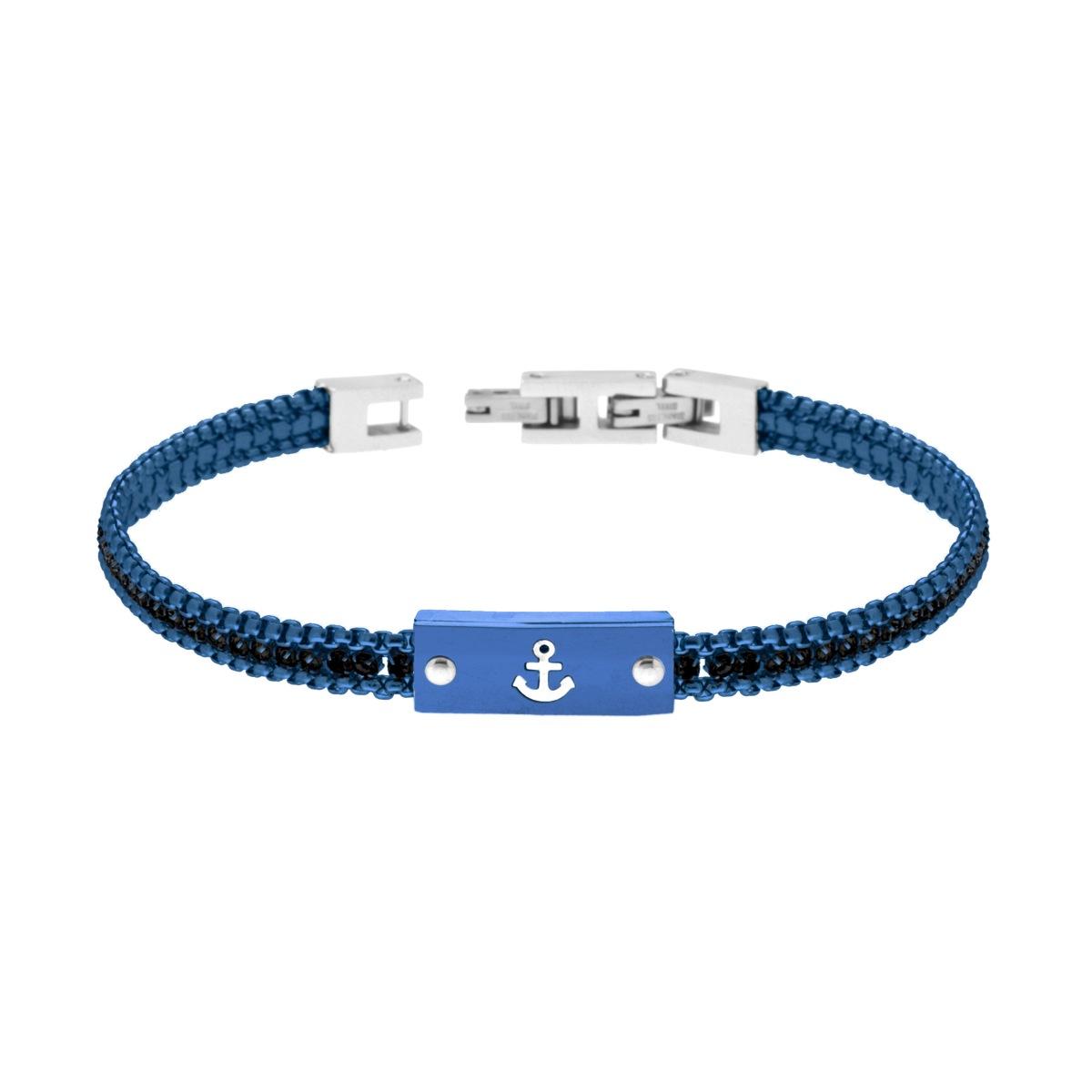 Bracciale Uomo Catena Veneziana Tonda colore Blu con Tennis Crystal Neri e Targa con Ancora in ACCIAIO