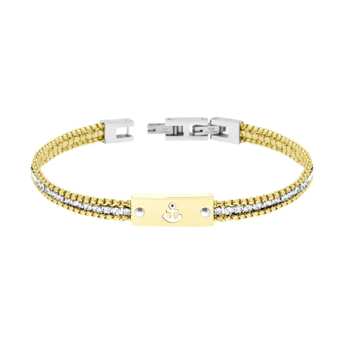 Bracciale Uomo Catena Veneziana Tonda colore Oro con Tennis Crystal Bianchi e Targa con Ancora in ACCIAIO
