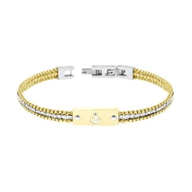 Bracciale Uomo Catena Veneziana Tonda colore Oro con Tennis Crystal Bianchi e Targa con Ancora in ACCIAIO
