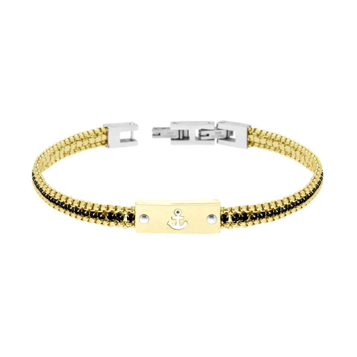Bracciale Uomo Catena Veneziana Tonda colore Oro con Tennis Crystal Neri e Targa con Ancora in ACCIAIO colore Oro