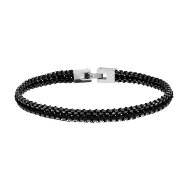 Bracciale Uomo con doppia Catena Veneziana Tonda Brunita con Cordoncino Nero Annodato in ACCIAIO