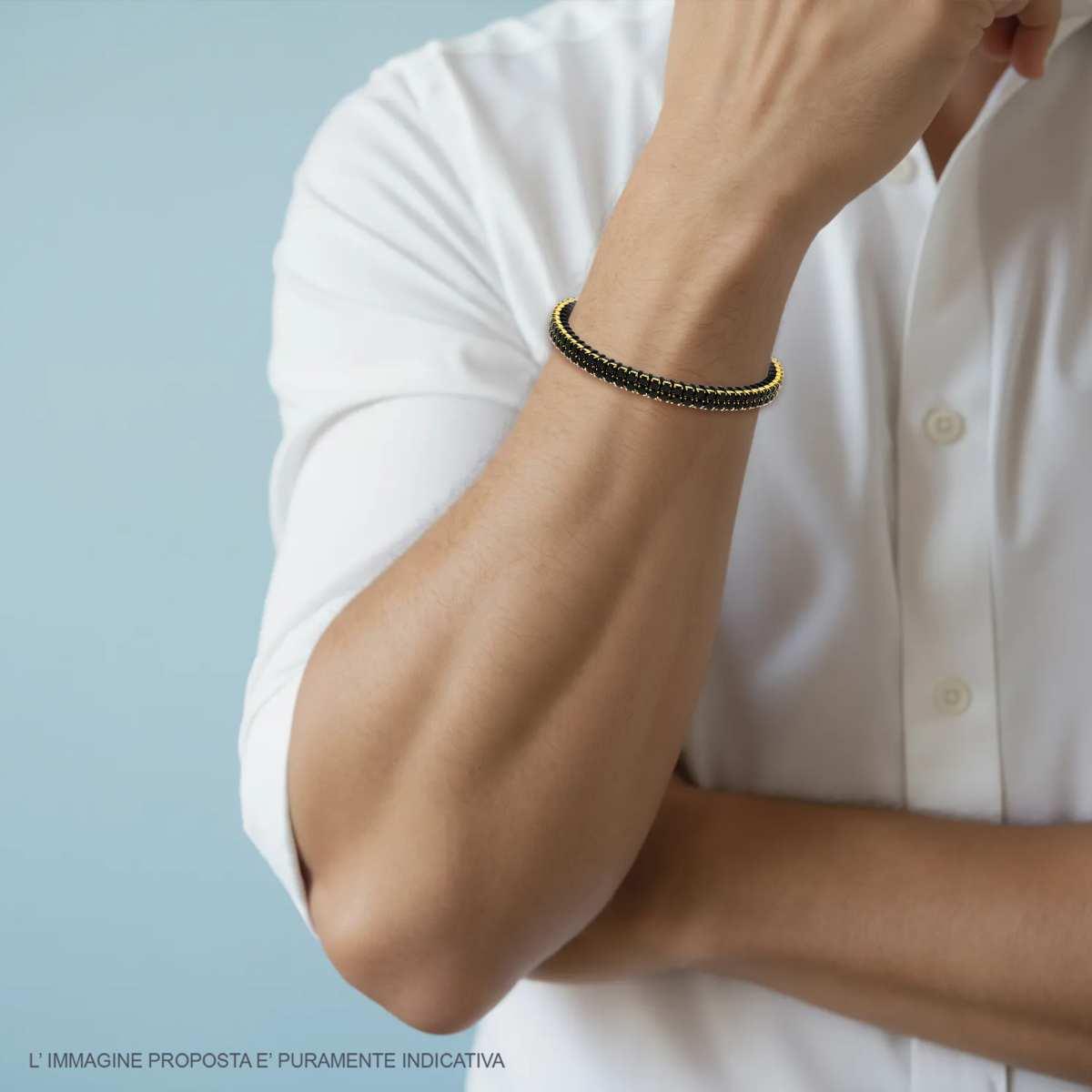 Bracciale in Ecopelle Nero con Tennis Crystal Neri in ACCIAIO colore Oro