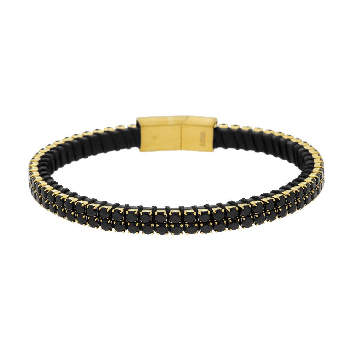 Bracciale in Ecopelle Nero con Tennis Crystal Neri in ACCIAIO colore Oro
