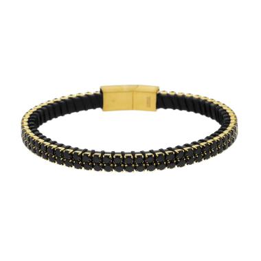 Bracciale in Ecopelle Nero con Tennis Crystal Neri in ACCIAIO colore Oro