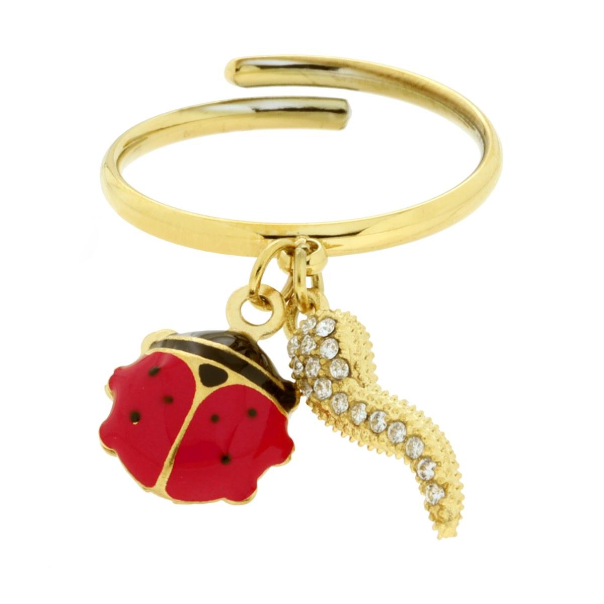 Anello con Pendenti Coccinella e Corno con Smalto Rosso e Crystal Bianchi in ACCIAIO colore Oro