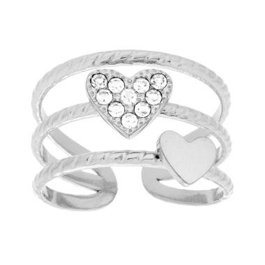 Anello Fascia Tre fili con Cuori e Crystal Bianchi in ACCIAIO
