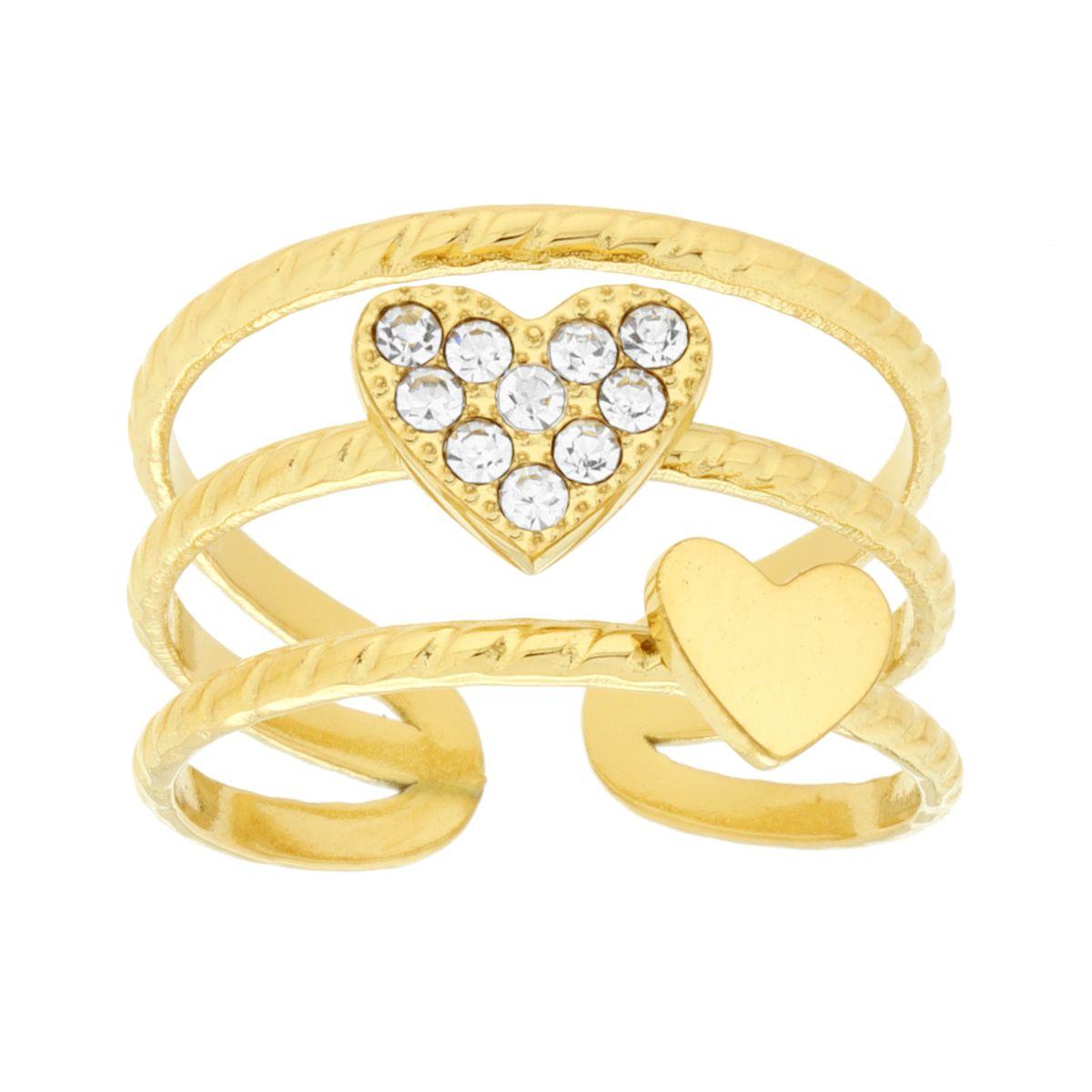 Anello Fascia Tre fili con Cuori e Crystal Bianchi in ACCIAIO colore Oro