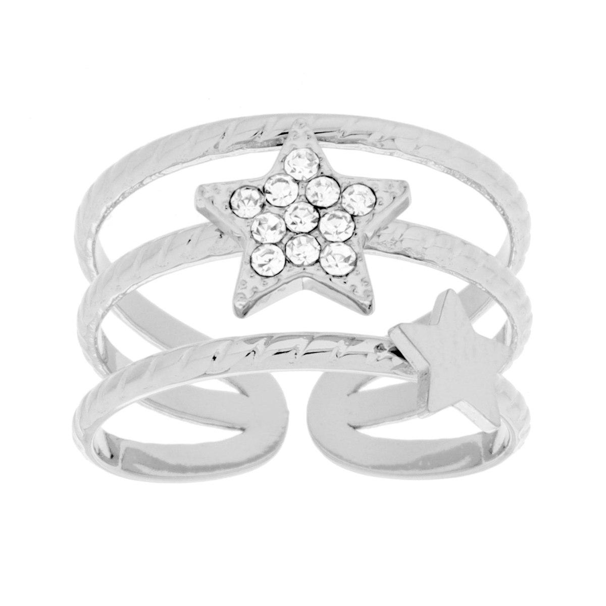 Anello Fascia Tre fili con Stella e Crystal Bianchi in ACCIAIO
