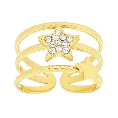 Anello Fascia Tre fili con Stella e Crystal Bianchi in ACCIAIO colore Oro